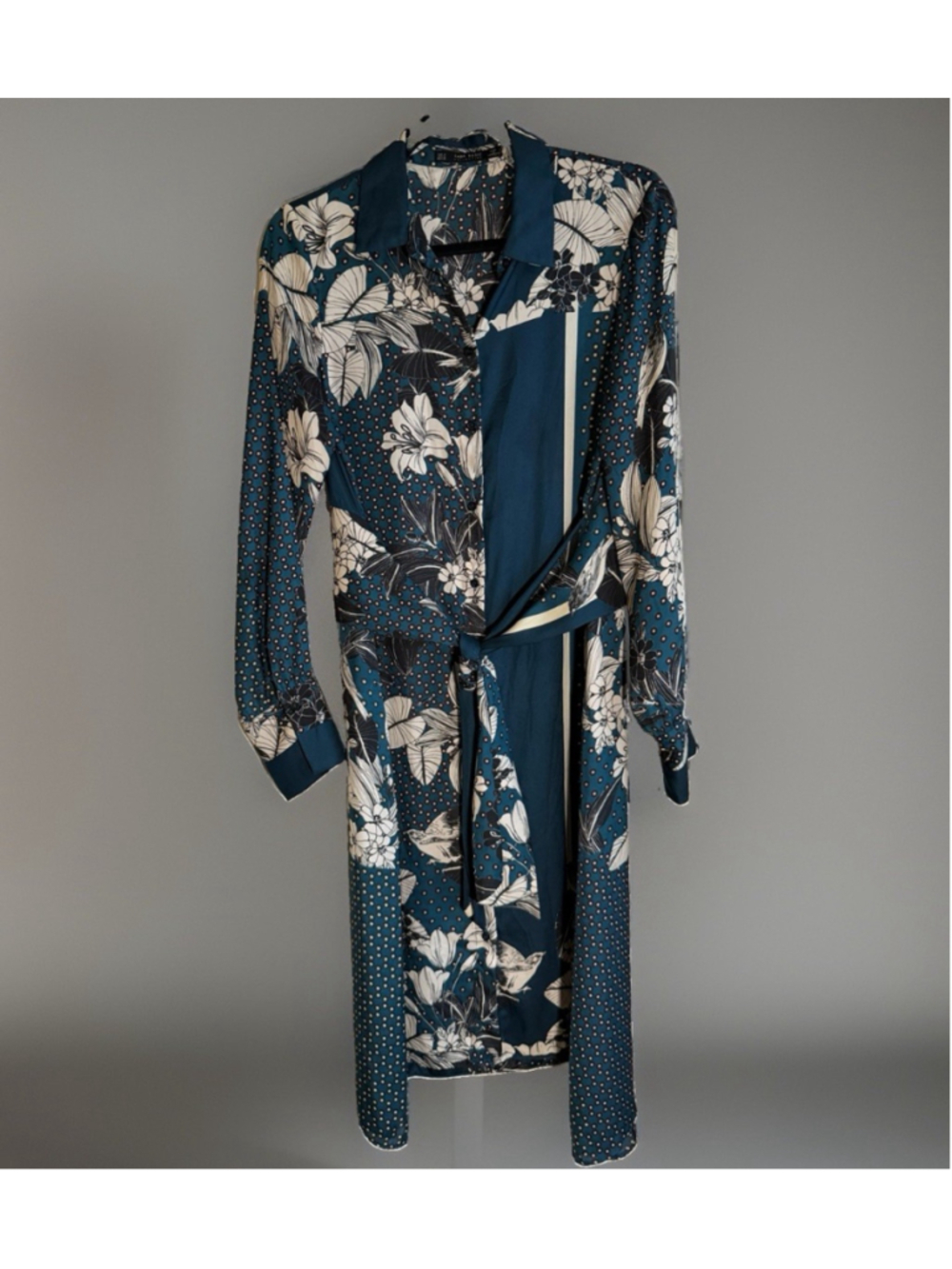ZARA Basic Floral Shirt Dress Teal Botanical Print Long Sleeve M 8647/239/330